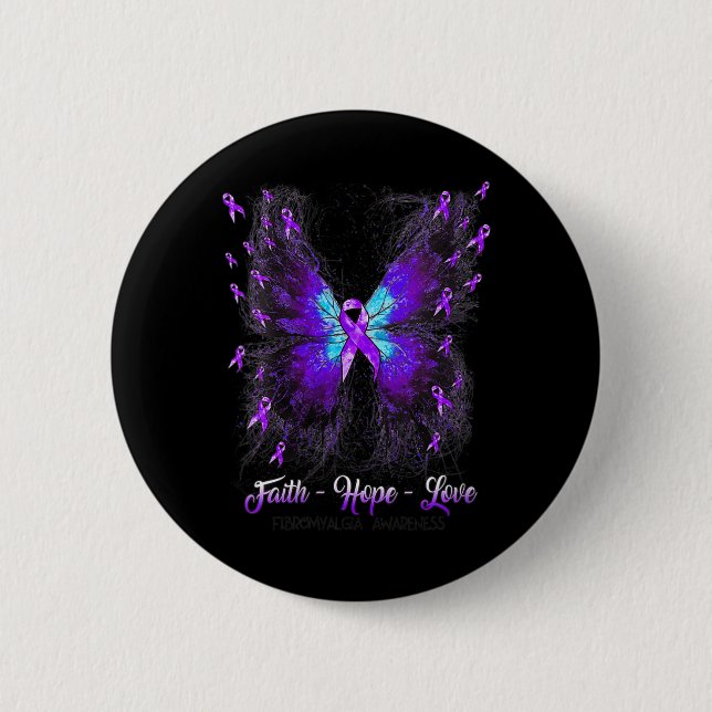 Butterfly Faith Hope Kärlek Fibromyalgia Awareness Knapp (Framsida)
