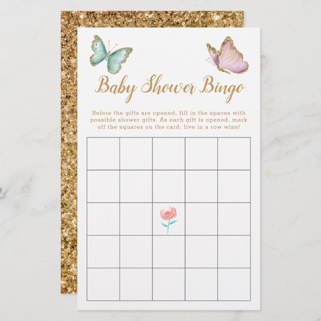 Butterfly Faux Guld Baby Shower Bingo Game (Fram/baksida)