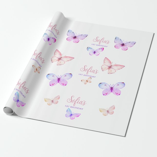 Butterfly First Birthday Girl 1st Rosa Lila Presentpapper (Utrullad)
