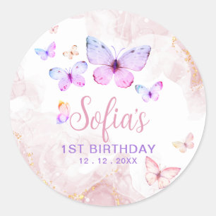 Butterfly First Birthday Girl 1st Rosa Lila Runt Klistermärke