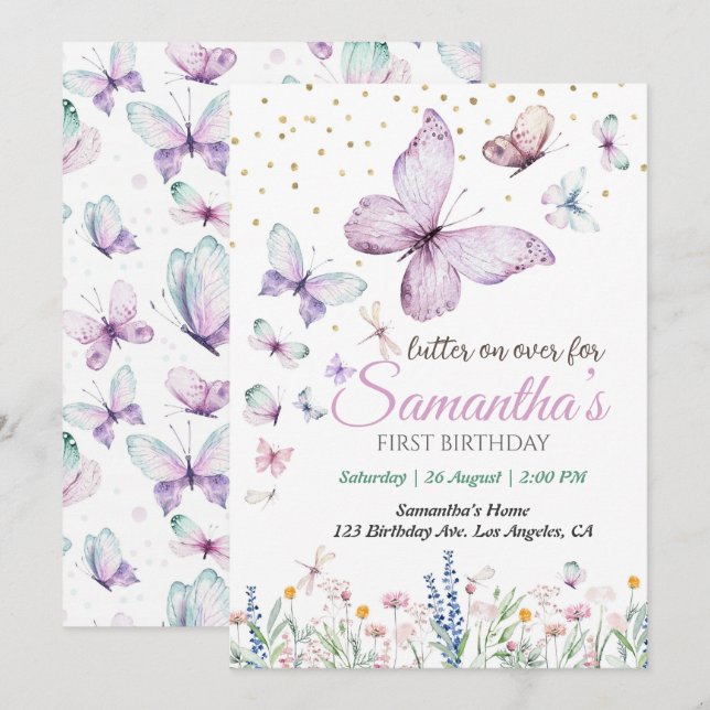 Butterfly First Birthday Inbjudningar (Fram/baksida)