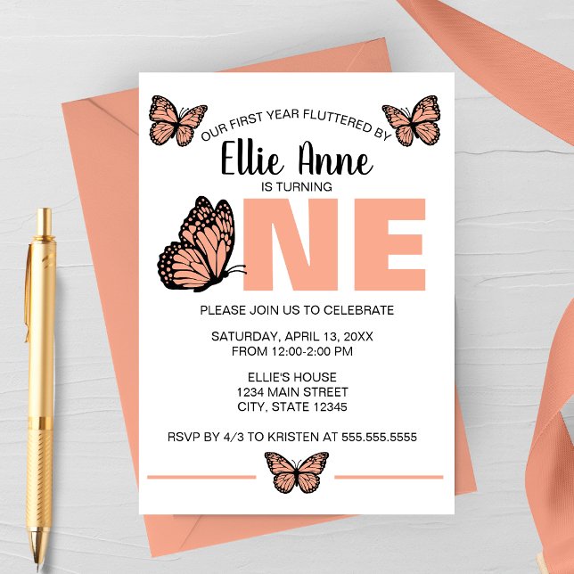 Butterfly First Birthday Invitation Inbjudningar (Butterfly First Birthday Party Invitation | Girls First Birthday | Spring Birthday)