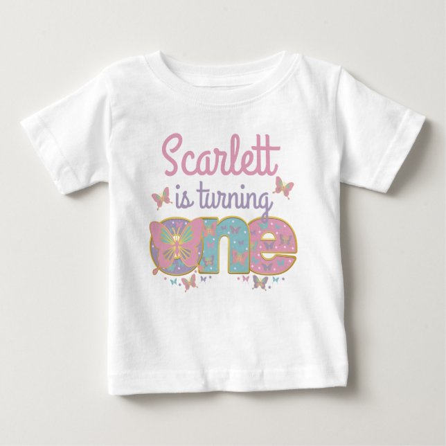 Butterfly First Birthday Turding one butterfly T Shirt (Framsida)