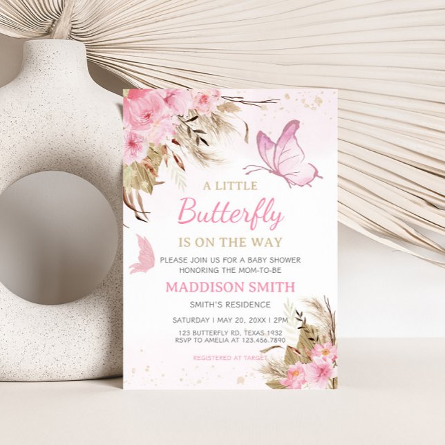 Butterfly Floral Baby Shower  Inbjudningar (Pink Butterfly Baby Shower Invitation)