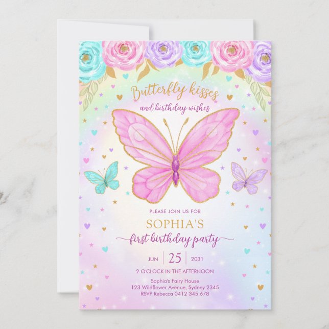 Butterfly Floral Girl Birthday Invitation Inbjudningar (Framsida)