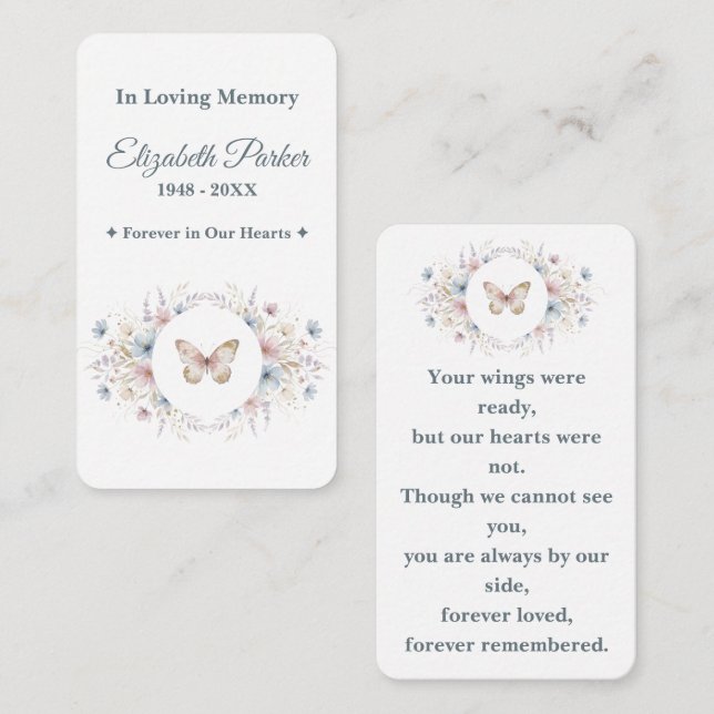 Butterfly Floral Memorial Prayer Card Template Anteckningskort (Fram/baksida)