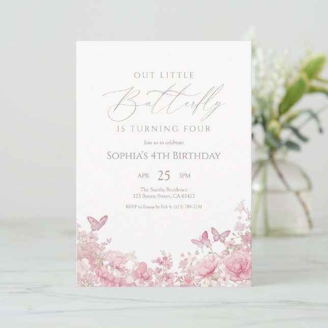 Butterfly Floral Pink Birthday Inbjudningar (Stående Fram)