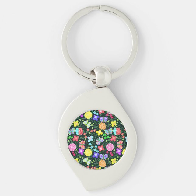 Butterfly Flower Rainbow Swirl Silverfärgad Nyckelring (Framsidan)