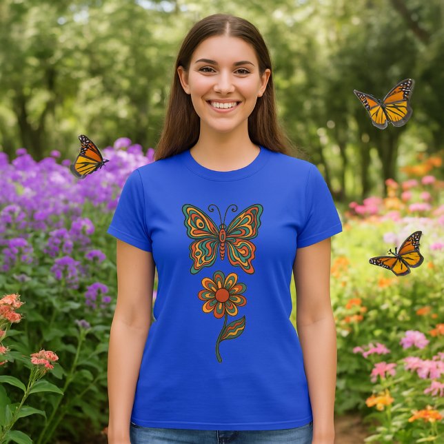 Butterfly & Flower Retro 70's Art T Shirt (Skapare uppladdad)