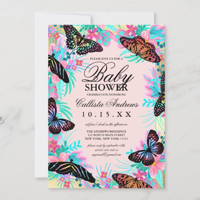 Butterfly Flowers Löv Watercolor Baby Shower Inbjudningar (Framsida)