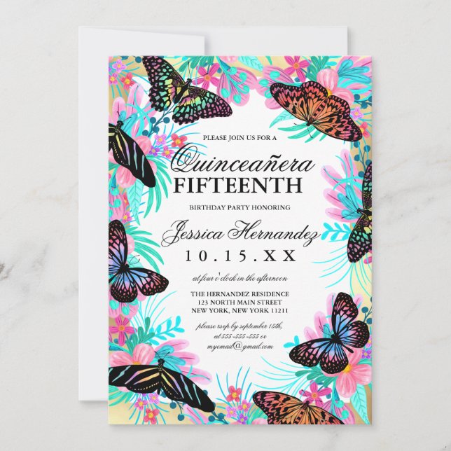 Butterfly Flowers Löv Watercolor Quinceañera Inbjudningar (Framsida)