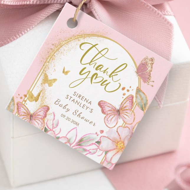 Butterfly & Flowers Rosa Glitter Girl Baby Shower Gåvor Etiketter (Skapare uppladdad)