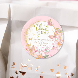 Butterfly & Flowers Rosa Glitter Girl Baby Shower Runt Klistermärke