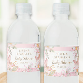 Butterfly & Flowers Rosa Glitter Girl Baby Shower Vattenflaskor Etikett