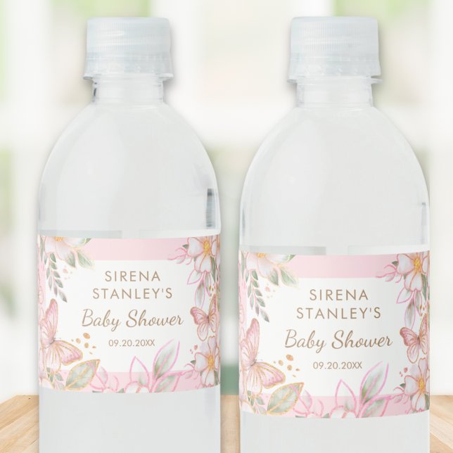 Butterfly & Flowers Rosa Glitter Girl Baby Shower Vattenflaskor Etikett (Skapare uppladdad)