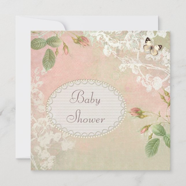 Butterfly & Flowers Shabby chic Baby Shower Inbjudningar (Framsida)
