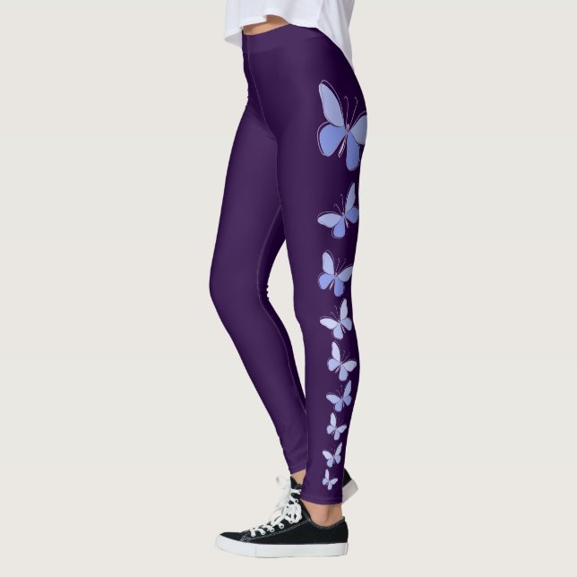 Butterfly Flutter in Blue - Solid Deep Violet Leggings (Vänster)