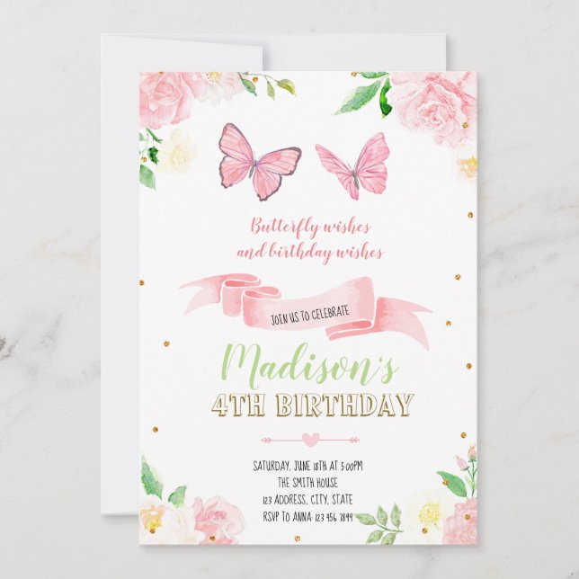Butterfly födelsedagsfest inbjudan (Framsida)