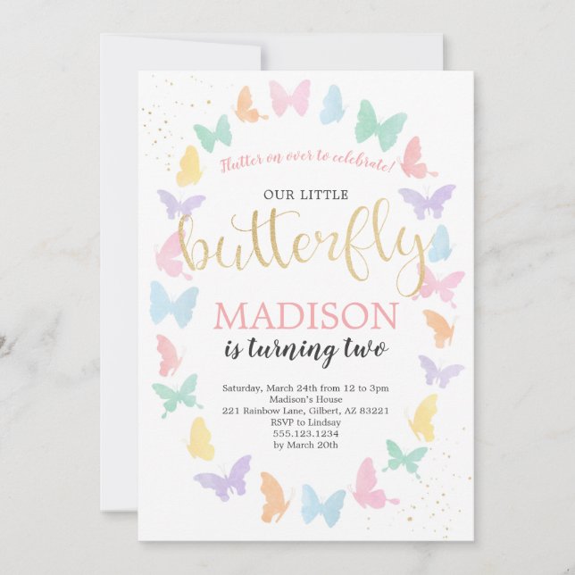 Butterfly Födelsedagsfest inbjudan Rainbow Färg (Framsida)