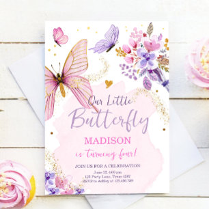 Butterfly Födelsedagsfest Lila Blommigt Rosa Girl Inbjudningar