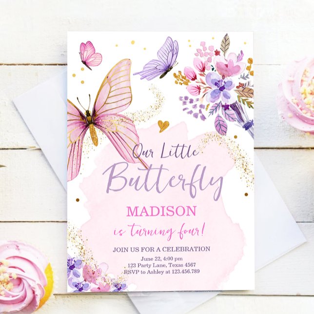 Butterfly Födelsedagsfest Lila Blommigt Rosa Girl  Inbjudningar (Skapare uppladdad)