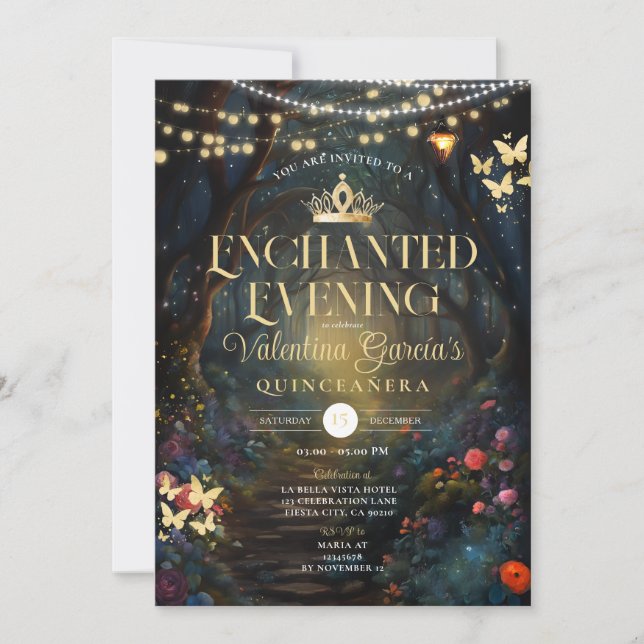 Butterfly Forest Quinceañera 15 Anos Flowers Guld Inbjudningar (Framsida)