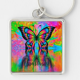 Butterfly Fyrkantig Silverfärgad Nyckelring