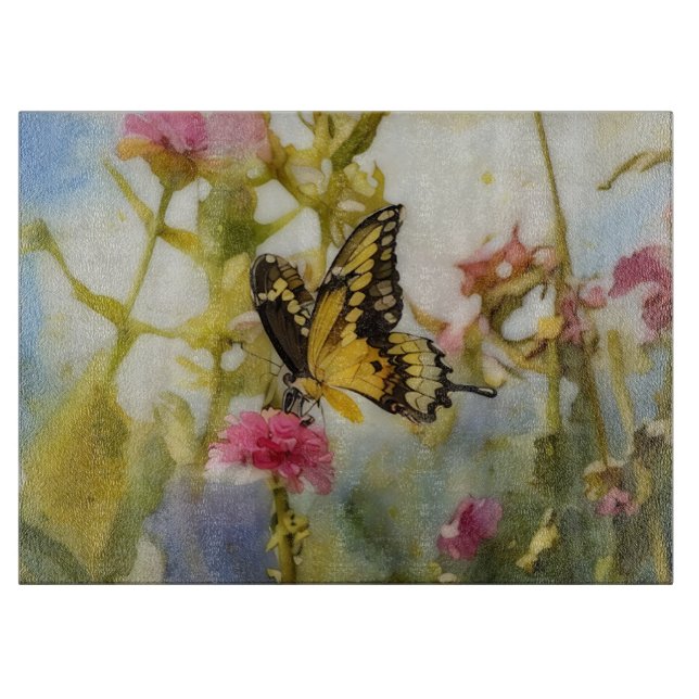 Butterfly Garden Art Glass Cutting Board (Framsidan)
