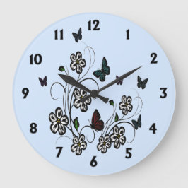 Butterfly Garden Blue med svarta nummer Stor Klocka