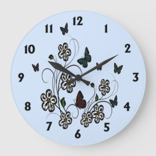 Butterfly Garden Blue med svarta nummer Stor Klocka