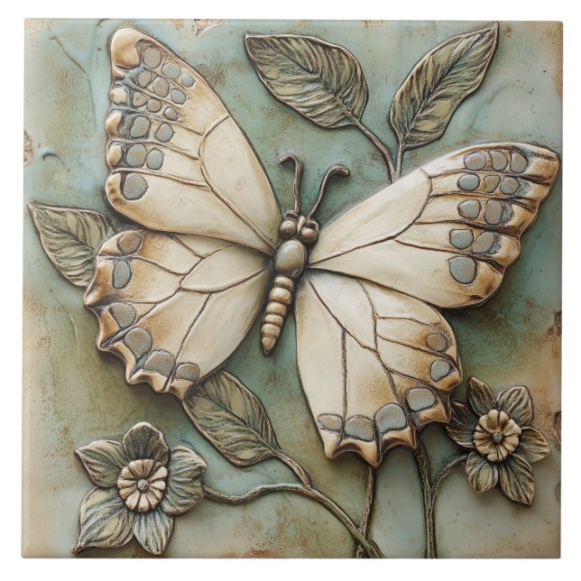 Butterfly Garden Botanical Faux Relief Kakelplatta (Framsidan)