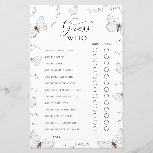 Butterfly Garden Bridal Shower Guess Who Game (Framsida)