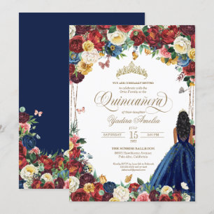 Butterfly Garden Burgundy Blue Blommigt Quinceaner Inbjudningar