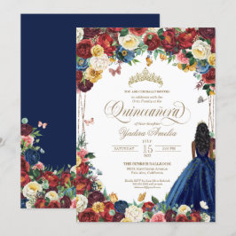 Butterfly Garden Burgundy Blue Blommigt Quinceaner Inbjudningar