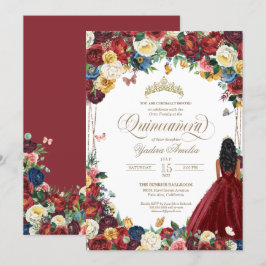 Butterfly Garden Burgundy Flowers Quinceanera Gown Inbjudningar