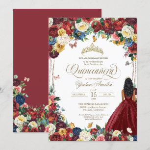 Butterfly Garden Burgundy Flowers Quinceanera Gown Inbjudningar