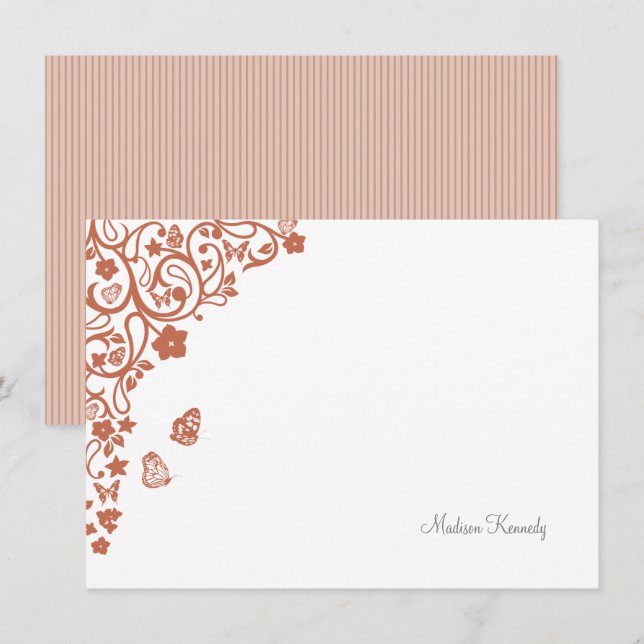 Butterfly Garden Dusty Peach Rand Namn Anteckningskort (Fram/baksida)