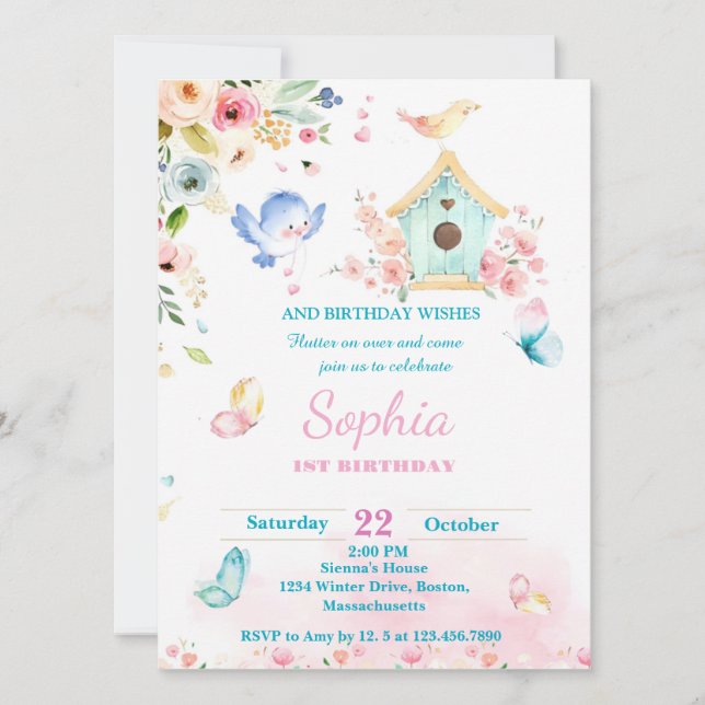 butterfly garden first birthday invitation inbjudningar (Framsida)