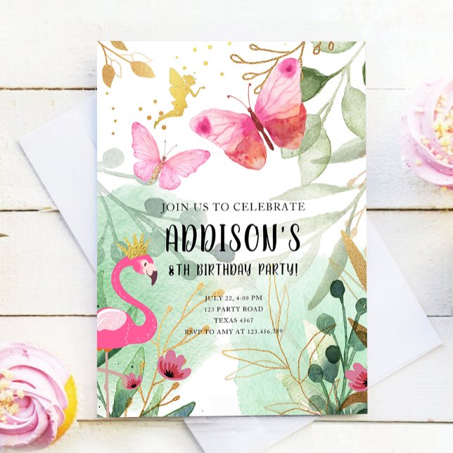 Butterfly Garden Flamingo Fairy Flowers Födelsedag Inbjudningar (Skapare uppladdad)