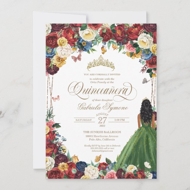 Butterfly Garden Grönt Gown Blommigt quinceanera i Inbjudningar (Framsida)
