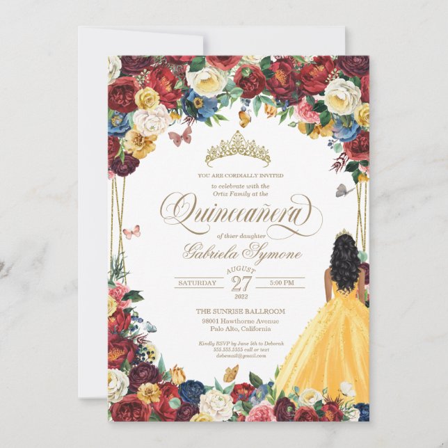 Butterfly Garden Gult Gown Blommigt Quinceanera Inbjudningar (Framsida)