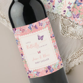 Butterfly Garden Pastel Wildblomme Baby Shower Vinflaska Etikett