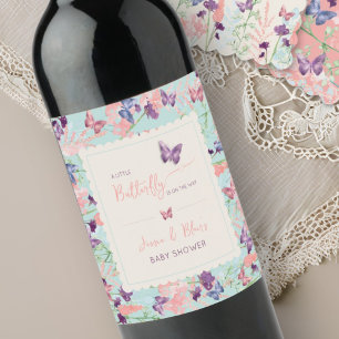 Butterfly Garden Pastel Wildblomme Baby Shower Vinflaska Etikett