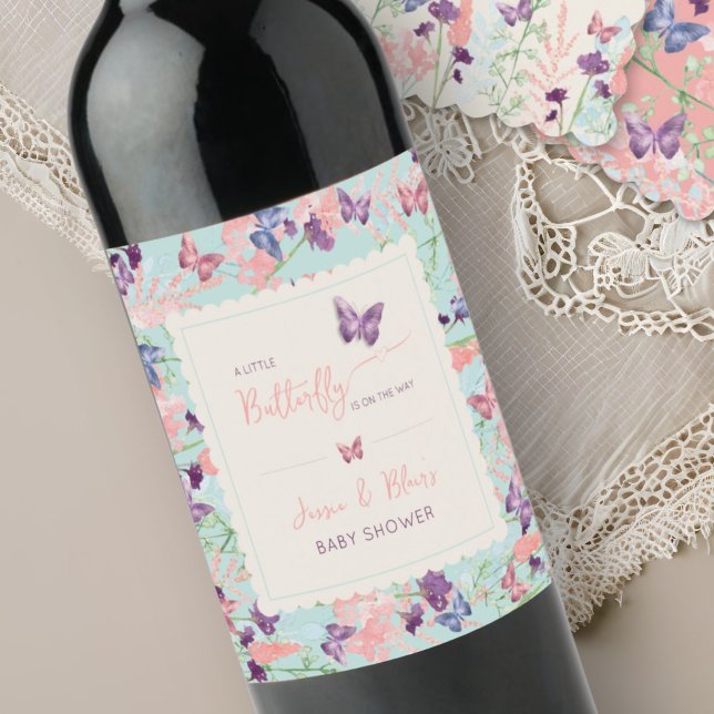 Butterfly Garden Pastel Wildblomme Baby Shower Vinflaska Etikett (Skapare uppladdad)