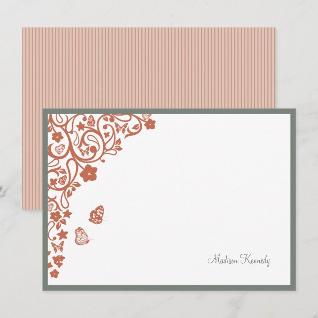 Butterfly Garden Peach Rand Namn Note Car Anteckningskort (Fram/baksida)