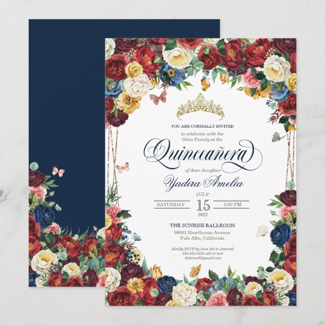 Butterfly Garden Royal Blue Red Blommigt Quinceane Inbjudningar (Fram/baksida)