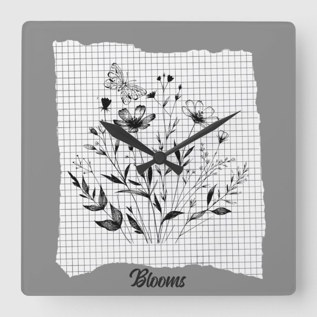 Butterfly Garden Sketches Fyrkantig Klocka (Framsida)