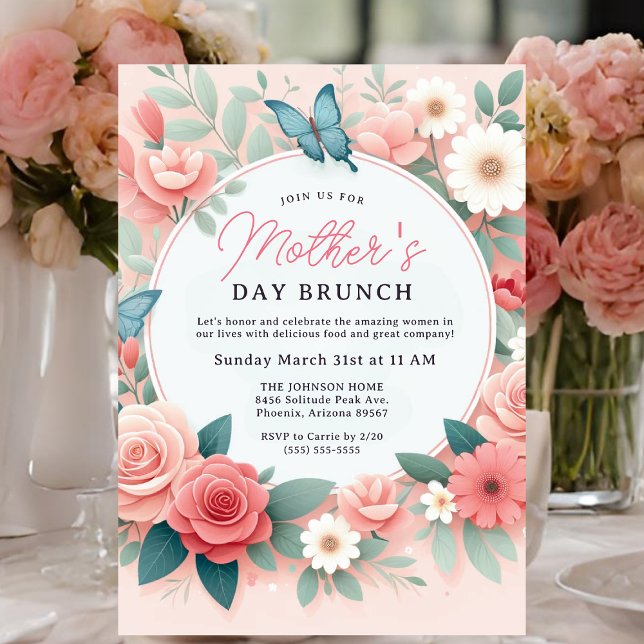 Butterfly Garden Vår Blommigt Mors dag Brunch Inbjudningar (Mother's Day Brunch card invitation)