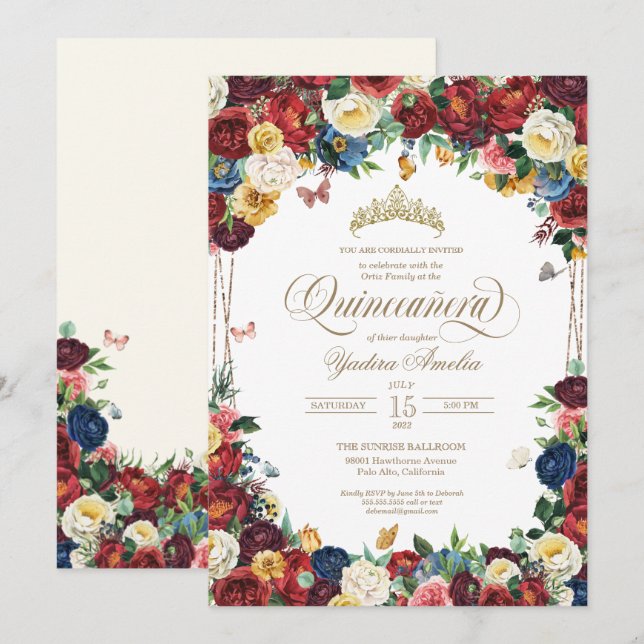 Butterfly Garden Watercolor Blommigt Quinceanera Inbjudningar (Fram/baksida)