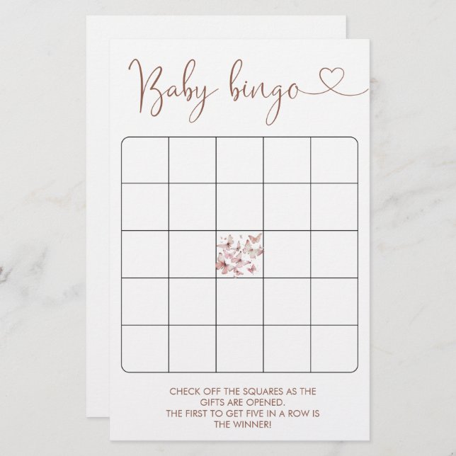 Butterfly Girl Baby Shower Bingo Game (Fram/baksida)